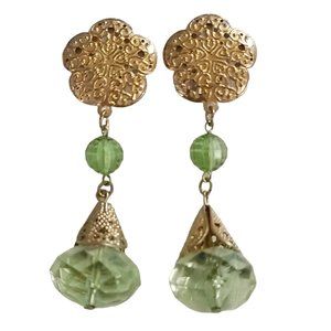 Gold Tone Filigree Green Faceted Plastic Ball Drop Dangle Clip On Earrings, K911
